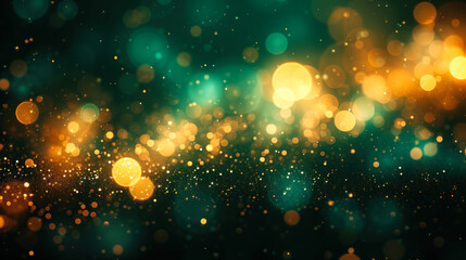 Fototapeta na wymiar Enchanting Golden Bokeh Lights on a Dark Emerald Green Background, Abstract Festive Sparkle for Holiday, Celebration, or Elegant Event Backdrop