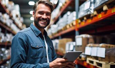 Smiling male warehouse manager using a digital tablet for inventory management in a modern storage facility, exemplifying efficient logistics and organization