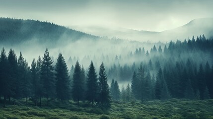 Mysterious Mist Over Fir Forest: Vintage Retro Landscape, Canon RF 50mm f/1.2L USM Capture