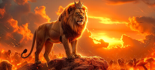 Majestic lion with a royal crown standing atop a rocky peak, against a dramatic fiery sunset sky, symbolizing power, royalty, and the king of the jungle - obrazy, fototapety, plakaty