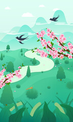 Fototapeta na wymiar Vector illustration of peach blossoms blooming in spring