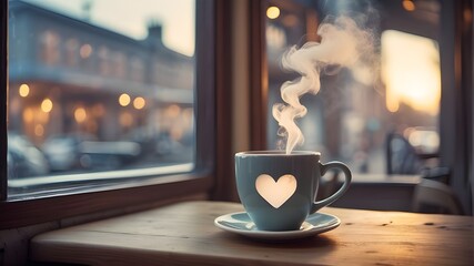cup of coffee on the table with heart shaped, Imagine yourself sitting in a quaint coffee shop, gazing out the window from your cozy window seat, with a heart-shaped steam print on your mug. - obrazy, fototapety, plakaty