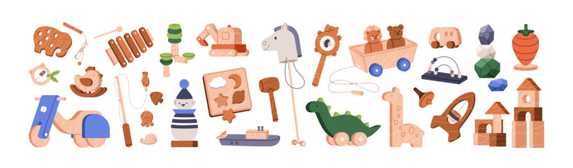 Wooden toys set. Wood blocks for childs play, montessori games, sorters for preschool kids, baby game. Kindergarten, nursery horse, rattle, doll. Flat vector illustrations isolated on white background