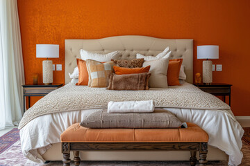 Elegant bedroom interior with plush bedding and warm color accents. Home comfort and design.