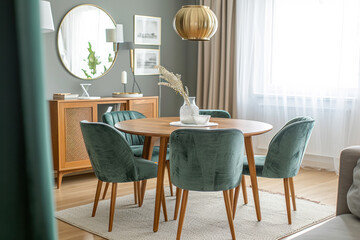 Modern dining room interior with elegant table setting and green chairs. Home decor and interior design.