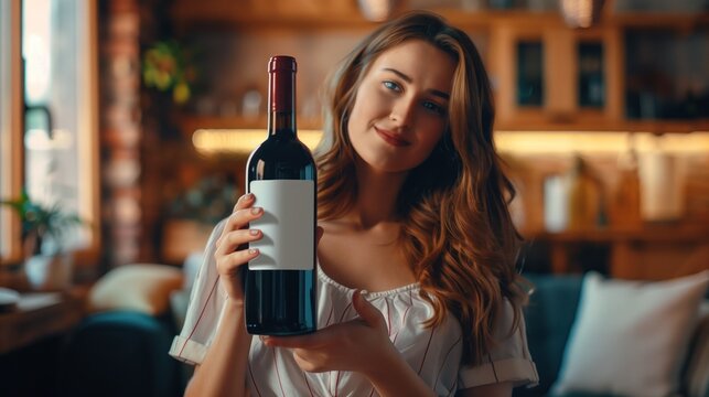 woman holding a blank white label wine bottle in their home, boho style.