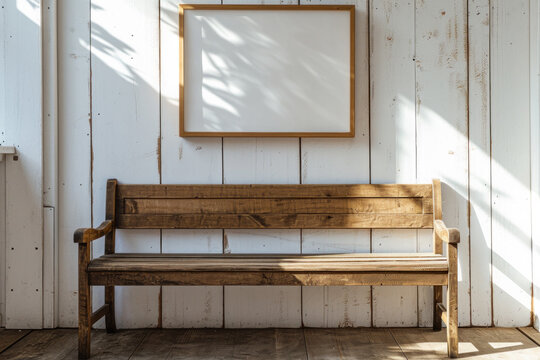 Wooden bench and empty picture frame in sunny room. Interior design and decoration.