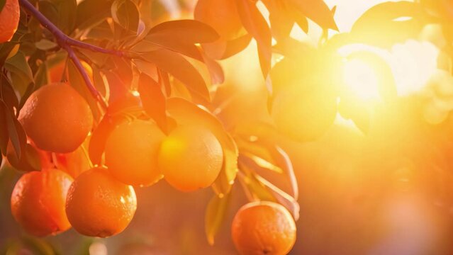 Ripe tangerines on the tree in the rays of the setting sun, A branch with natural oranges on a blurred background of an orange orchard at golden hour, AI Generated
