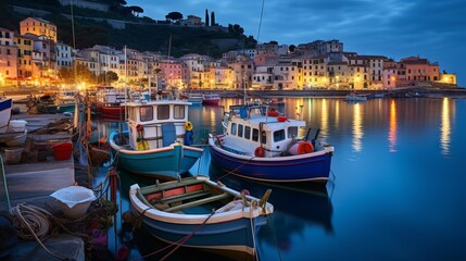 Fototapeta na wymiar Mystical Harbor Twilight: Vibrant Porto Venero, Italy, with Lantern-Lit Boats - Canon RF 50mm f/1.2L USM