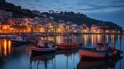 Fototapeta na wymiar Mystical Harbor Twilight: Vibrant Porto Venero, Italy, with Lantern-Lit Boats - Canon RF 50mm f/1.2L USM