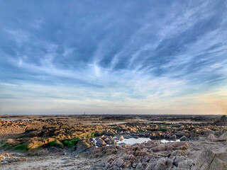 Panoramic view of the tidal zone in La Rocque, Jersey