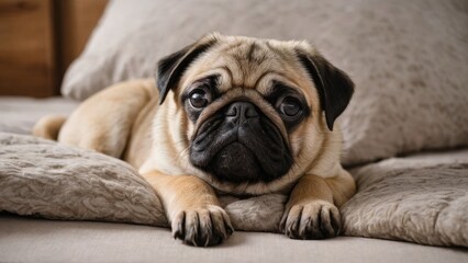 Obraz premium Fawn pug dog lying on bed in the bedroom
