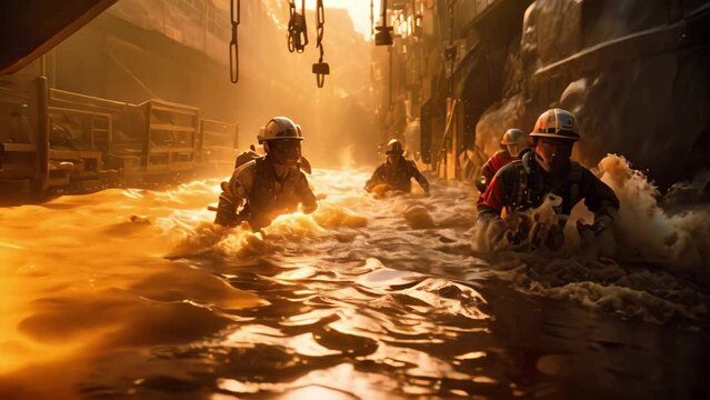 Firefighters in action during a fire fighting operation in the city. A breathtaking image of a seabed mining operation, with large, polished blocks of metal stacked high on a cliff face, AI Generated