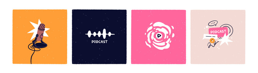 Podcast cover backgrounds set. Audio broadcast, modern square-shaped card designs, social media posts collection with microphone, mic, play, sound track, records. Trendy flat vector illustrations - 747833528