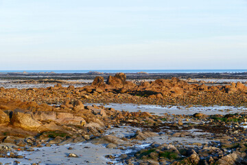 Fototapeta na wymiar Panoramic view of the tidal zone in La Rocque, Jersey
