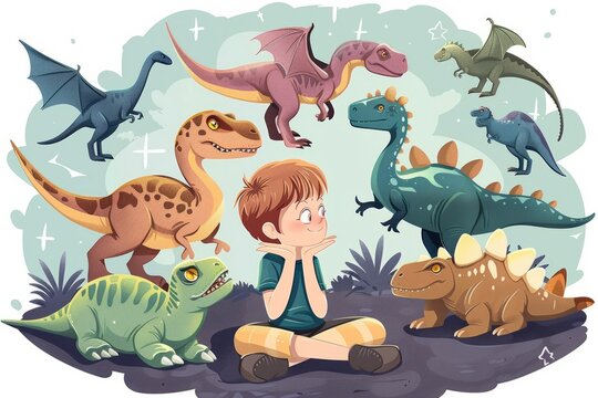 Cartoon cute doodles of a child daydreaming about traveling back in time and meeting dinosaurs in prehistoric times, Generative AI