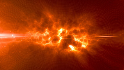 Yellow energy glowing magic waves and electric lightning charges high-tech digital iridescent liquid plasma with light rays lines and energy particles. Abstract background