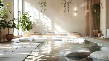 interior relaxation spa and yoga room bright spa area with relaxing water, stones, and a...