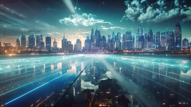 abstract cyber technology concept on the modern city background. 3d rendering, A futuristic urban city background with blue network connection lines and hologram effect, AI Generated