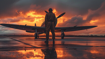 Warrior of the Skies: World War II Aircraft Pilot Stands Tall Amidst Stormy Evening