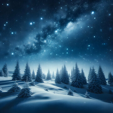Picture of a starry night sky above a snowy landscape, with pine trees covered in snow. Trees in the foreground, clear and cold starry sky, crisp and serene winter night lighting.