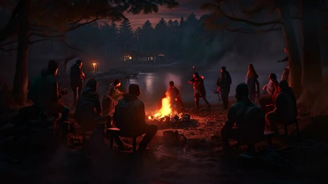 Camping in the forest at night. Tourists near the fire. A haunting and imaginative scene depicting a spooky, AI Generated