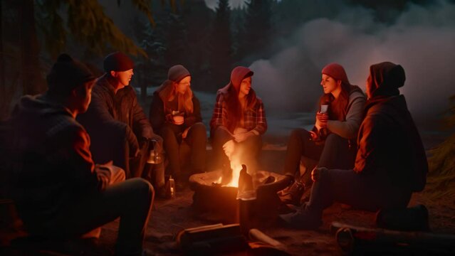 Group of friends sitting by the bonfire and drinking coffee in the mountains at night, A haunting and imaginative scene depicting a spooky, AI Generated