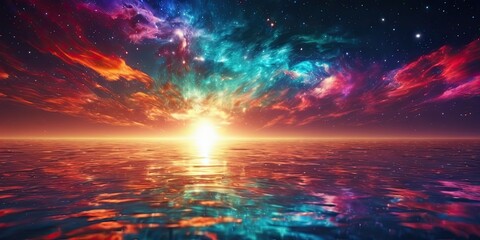 Colorful cosmic universe and beautiful sky sunset. Ocean reflection. Web banner design - obrazy, fototapety, plakaty