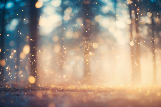 blurred abstract photo of light burst among trees and glitter bokeh