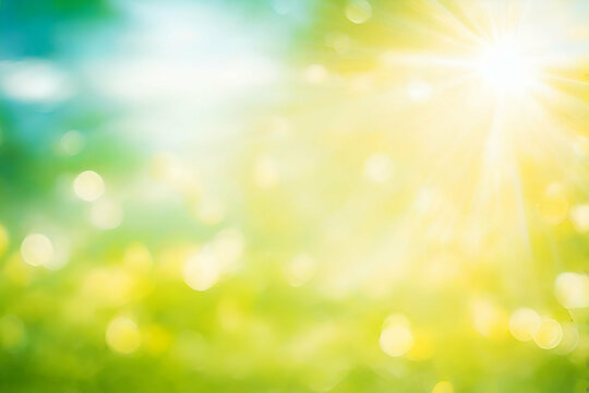 Abstract bokeh flare sunlight with blur green and yellow nature sunrise background