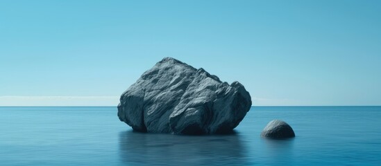 A large rock sits motionless in the center of a body of water, surrounded by the gentle ripples of the ocean. The tranquil blue sky reflects off the calm water, creating a mesmerizing scene. - Powered by Adobe