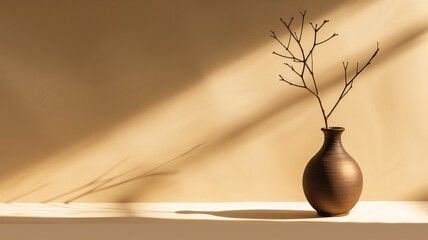 The elegant silhouette of a solitary vase with delicate branches, set against the warm, textured...