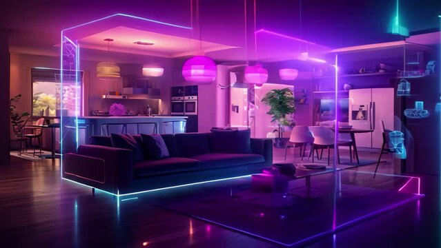 3d rendering of modern bright interiors living room computer generated image, A smart home interior connected with an internet connection, digital technology hologram, AI Generated