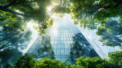 Green Architecture in Urban Cityscape, Modern Office Building with Nature Integration, Sustainable Design with Trees and Sky, Eco-Friendly Construction Concept, Business and Environmental Harmony