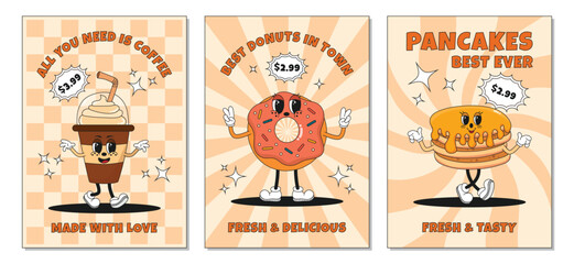 Groovy retro fast food posters set. Dessert, donut, coffee, pancakes illustration. Vintage banner, 70s, 80s, 90s vibes. Trendy retro psychedelic style. Funny food characters or mascots in groovy style
