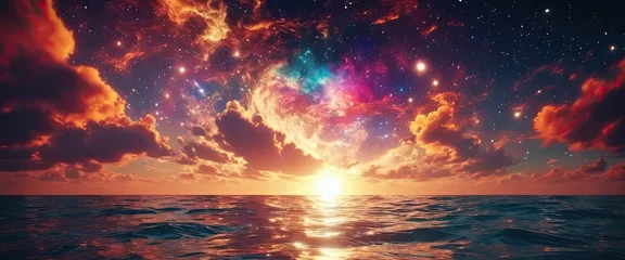 Foto op Aluminium Colorful cosmic universe and beautiful sky sunset. Ocean reflection. Web banner design © franxxlin_studio