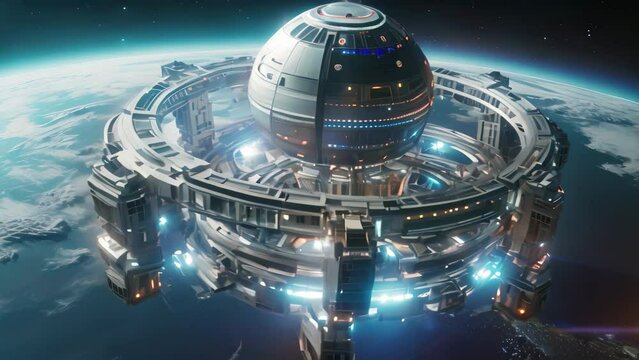 Futuristic space city. 3D rendering elements of this image furnished by NASA, A space station orbiting a planet with a digital wave, advanced technology and holographic displays, AI Generated