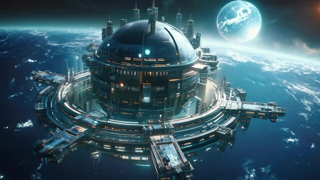Futuristic space station in outer space. 3D rendering. A space station orbiting a planet with a digital wave, advanced technology and holographic displays, AI Generated