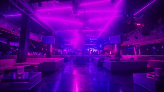 Interior of a night club with neon lights and lighting, toned, A stylish modern nightclub setting with a sleek mode, AI Generated