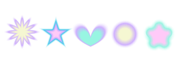 Gradient Y2k shape blur set. Flower, star, heart blurry aesthetic y2k. Vector pastel form illustration. Aura gradient shape