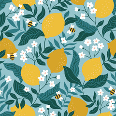 Vector stylish fruit pattern design. Seamless lemon texture in hnad-drawn style. Flowering lemon and bees fabric or wallpaper design. - 747834934