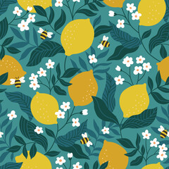 Vector stylish fruit pattern design. Seamless lemon texture in hnad-drawn style. Flowering lemon and bees fabric or wallpaper design. - 747834943
