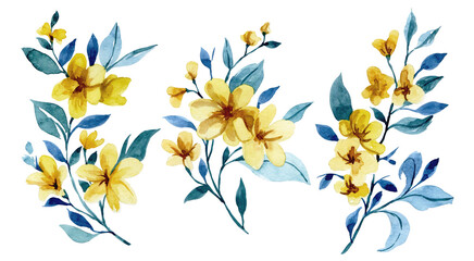 set of bouquets of abstract yellow flowers. watercolor drawing