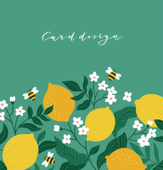 Vector stylish fruit card design. Blooming Lemon backround with place for text. Hand-drawn fruit frame illustration.  - 747834951