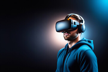 Augmented reality concept. Handsome bearded man using wireless VR headset isolated on dark blue background. VR technology. virtual reality glasses. web-banner