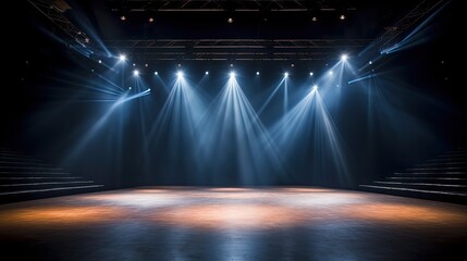 Spotlights Illuminating Empty Stage in Bright Colors for Entertainment Show Scene in Studio Background
