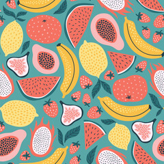 Exotic fruit seamless pattern in hand-drawn style. Vector repeat background for colorful summer  - 747834976