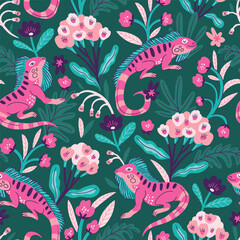 Vector bright exotic animal seamless pattern. Iguana seamless pattern design for fabric, wallpaper or wrapping paper. Hand-drawn funny tropical texture. - 747834978