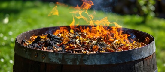 A barrel filled with fire burning in the grass during spring in Sweden. The flames are consuming plant debris and smoke is rising into the sky.