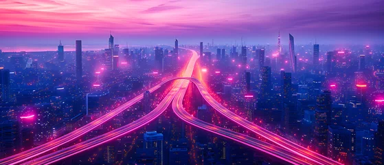  Aerial View of Shanghais Night Highway, Urban Transportation Network with Light Trails, Modern Cityscape with Elevated Roads, Dynamic Movement in a Metropolitan Junction © NURA ALAM